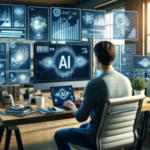 DALL·E 2024-03-30 22.56.47 - A person sitting at a modern home office, surrounded by multiple screens displaying various AI tools and graphs indicating growth in revenue. The pers